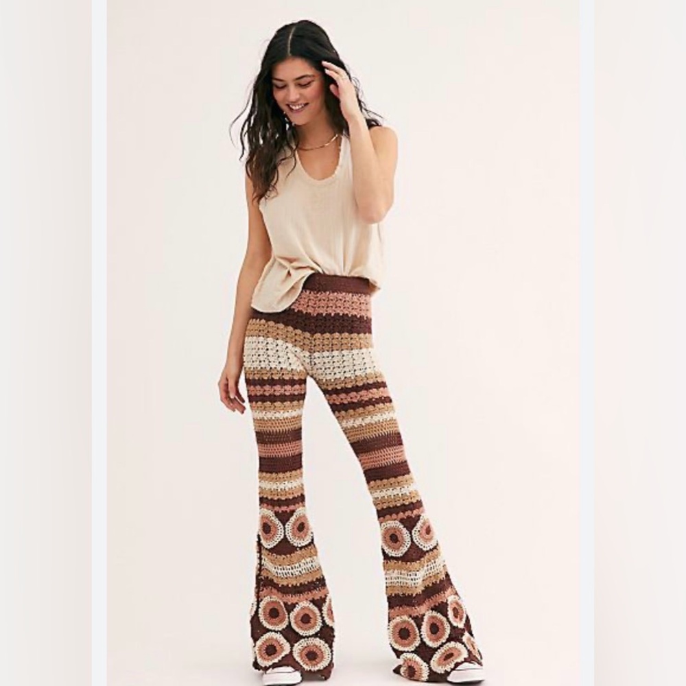 Bohemian Flare Pants Brown Tan Cream Flook x Free People M Grandpa Crochet Boho
